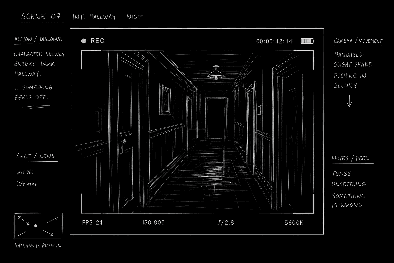 Found footage horror script format: viewfinder frame and REC indicator; dark mode technical sketch