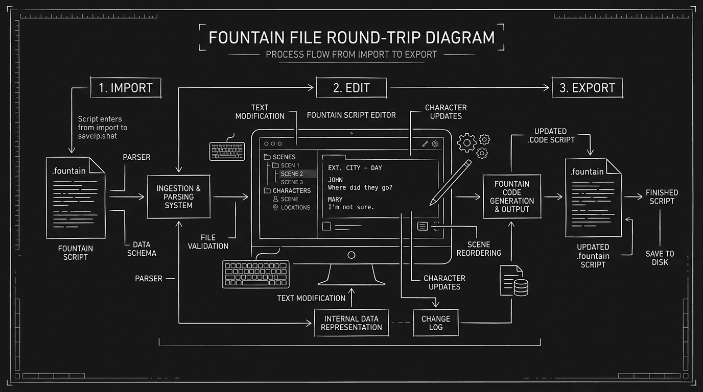 Dark mode technical sketch: Fountain file round-trip diagram; import → edit → export