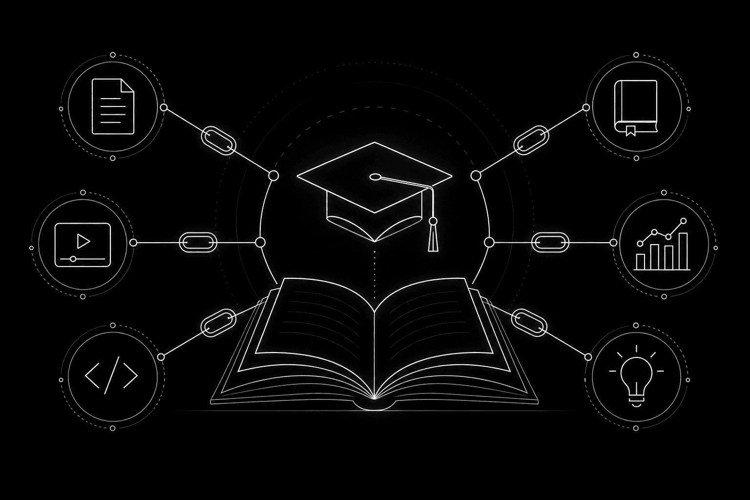 Dark mode technical sketch: book, graduation cap silhouette, link nodes; thin white lines on black