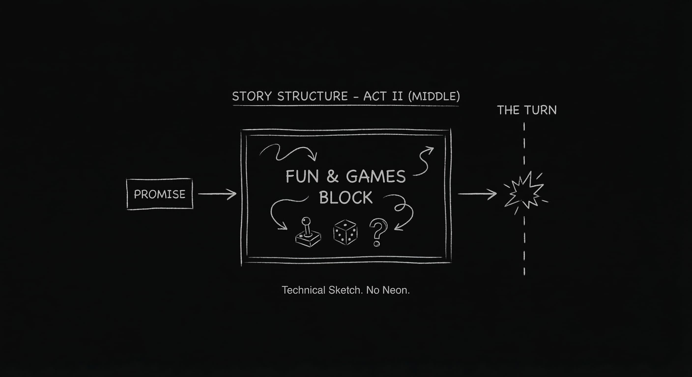 Fun and games: position in Act 2, before midpoint; dark mode technical sketch