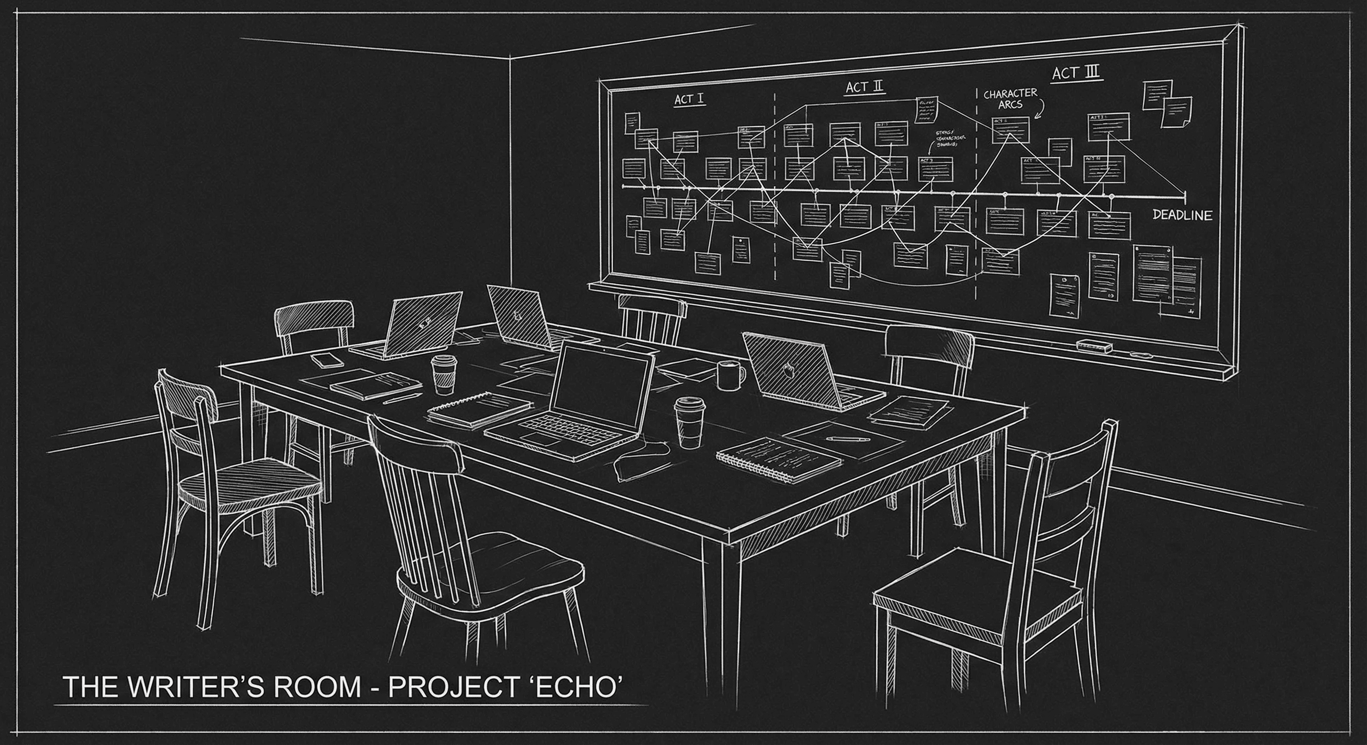 Prompt: Dark Mode Technical Sketch, writers' room table with chairs and a timeline or board in the background; clean thin white lines on black, hand-drawn technical feel, no 3D --ar 16:9