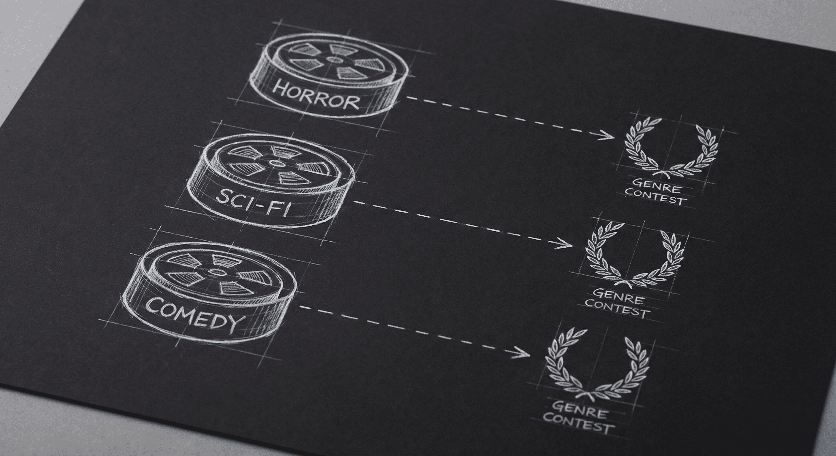Horror, Sci-Fi, Comedy film cans and genre contests; dark mode technical sketch