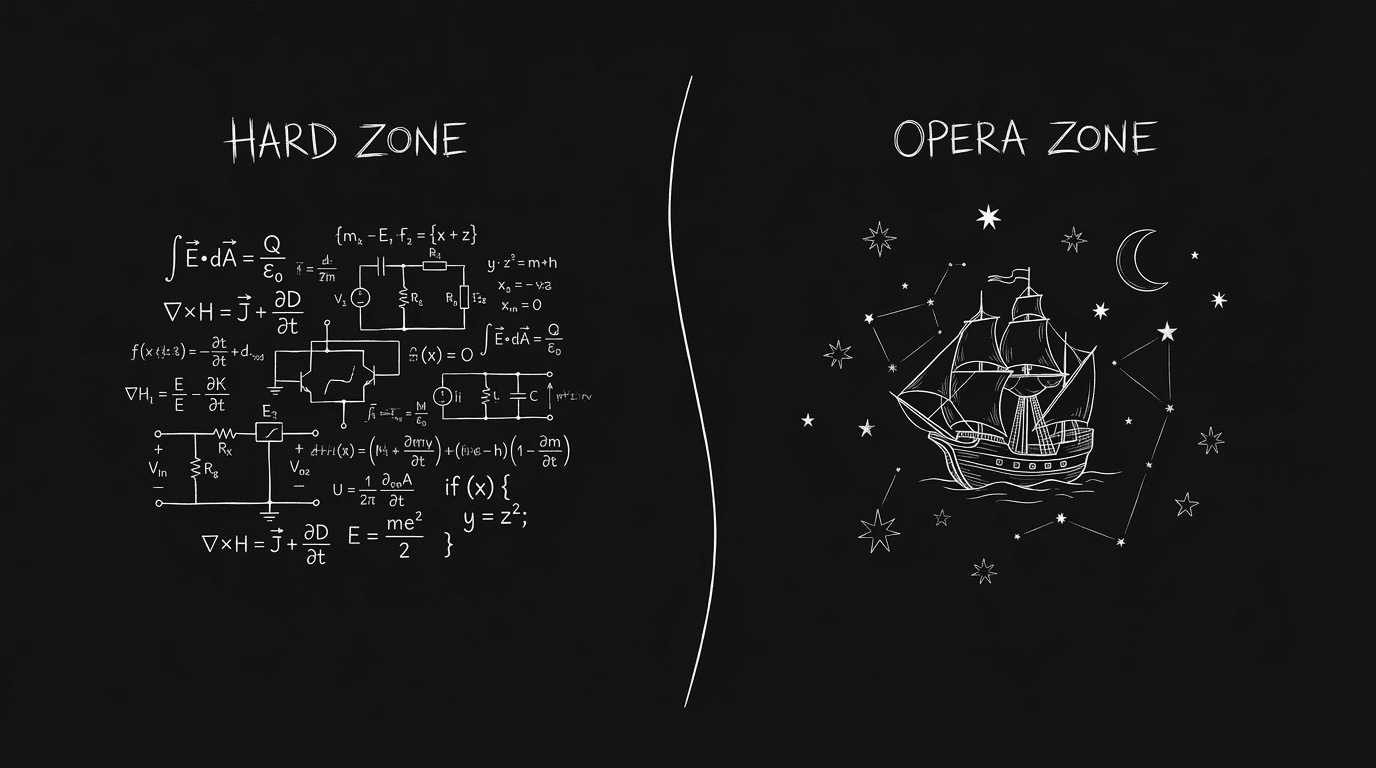 Hard sci-fi vs space opera: two zones; dark mode technical sketch