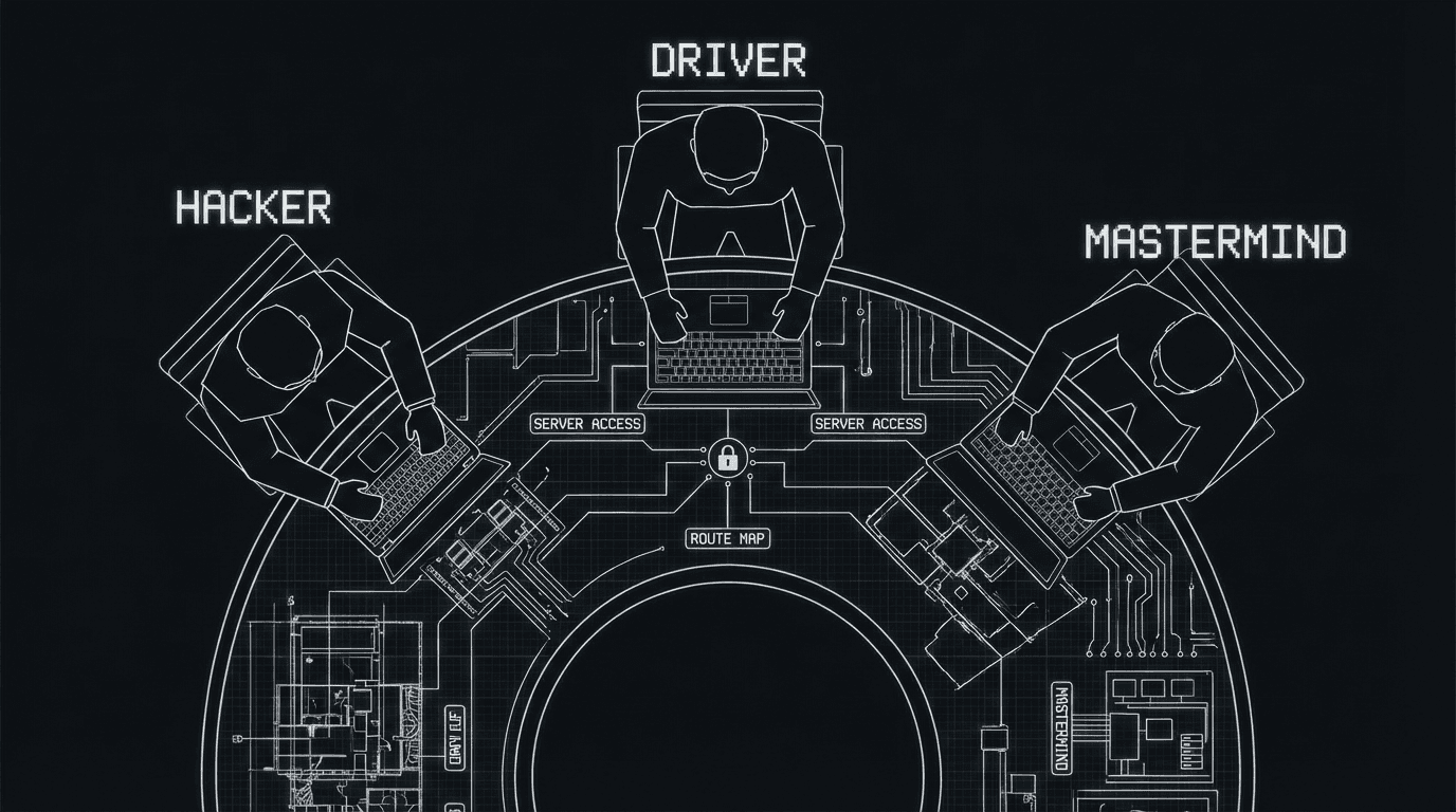 Dark-mode top-down sketch of three heist crew members around a round table covered with blueprints and security feeds