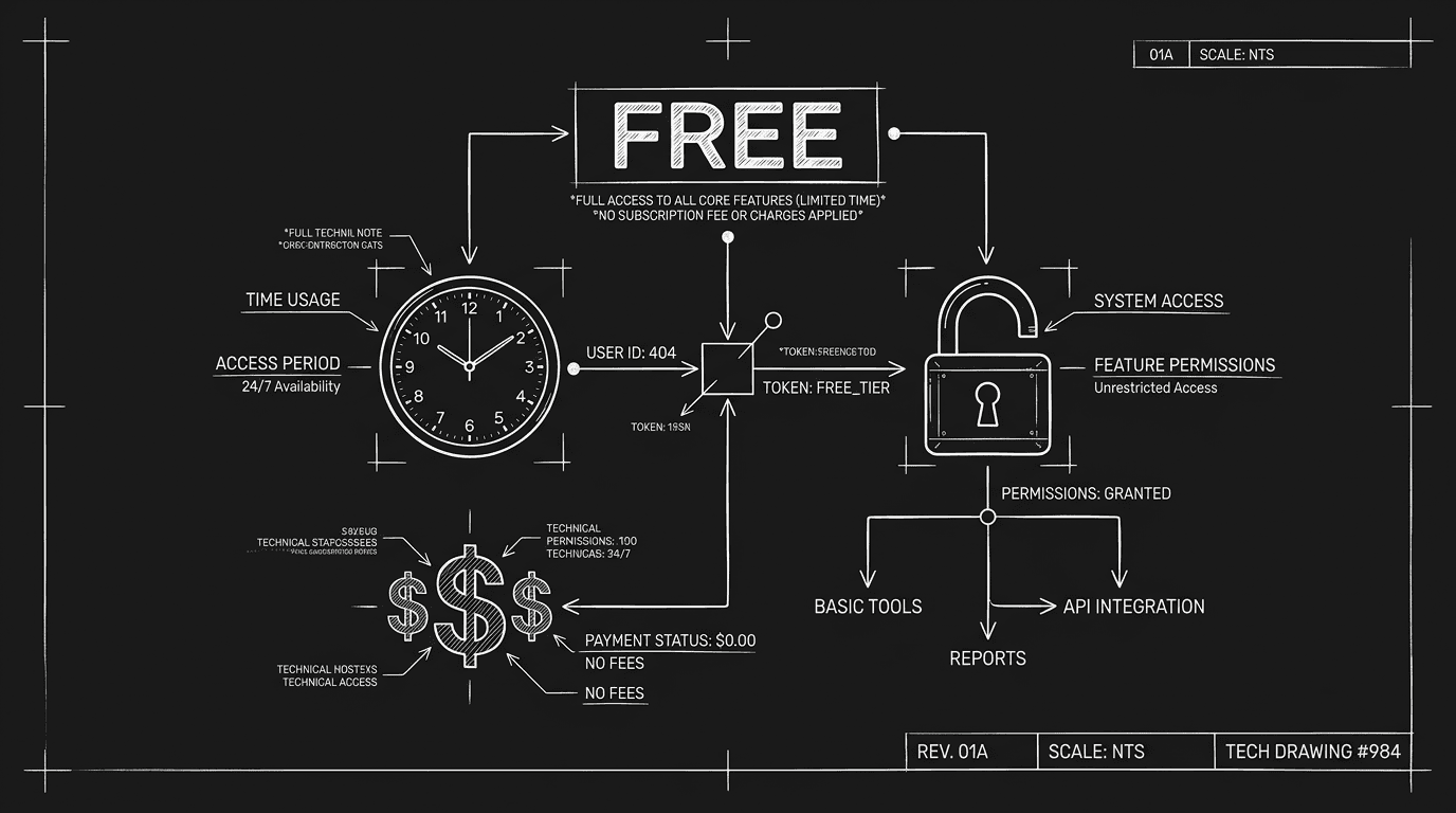 Dark mode technical sketch: "FREE" label with small print; clock, lock, dollar; thin white lines on black