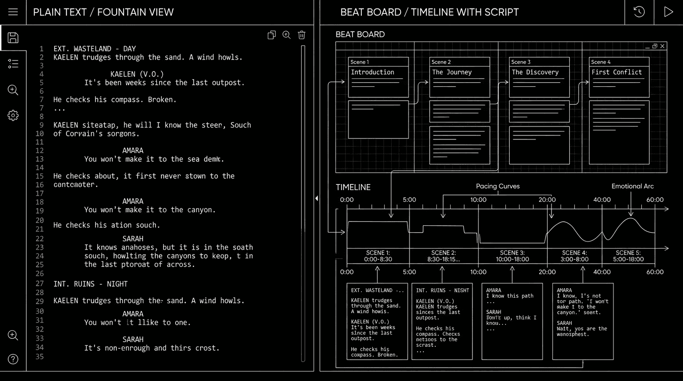 Dark mode technical sketch: Fountain plain text on one side; beat board + script on the other; thin white lines on black