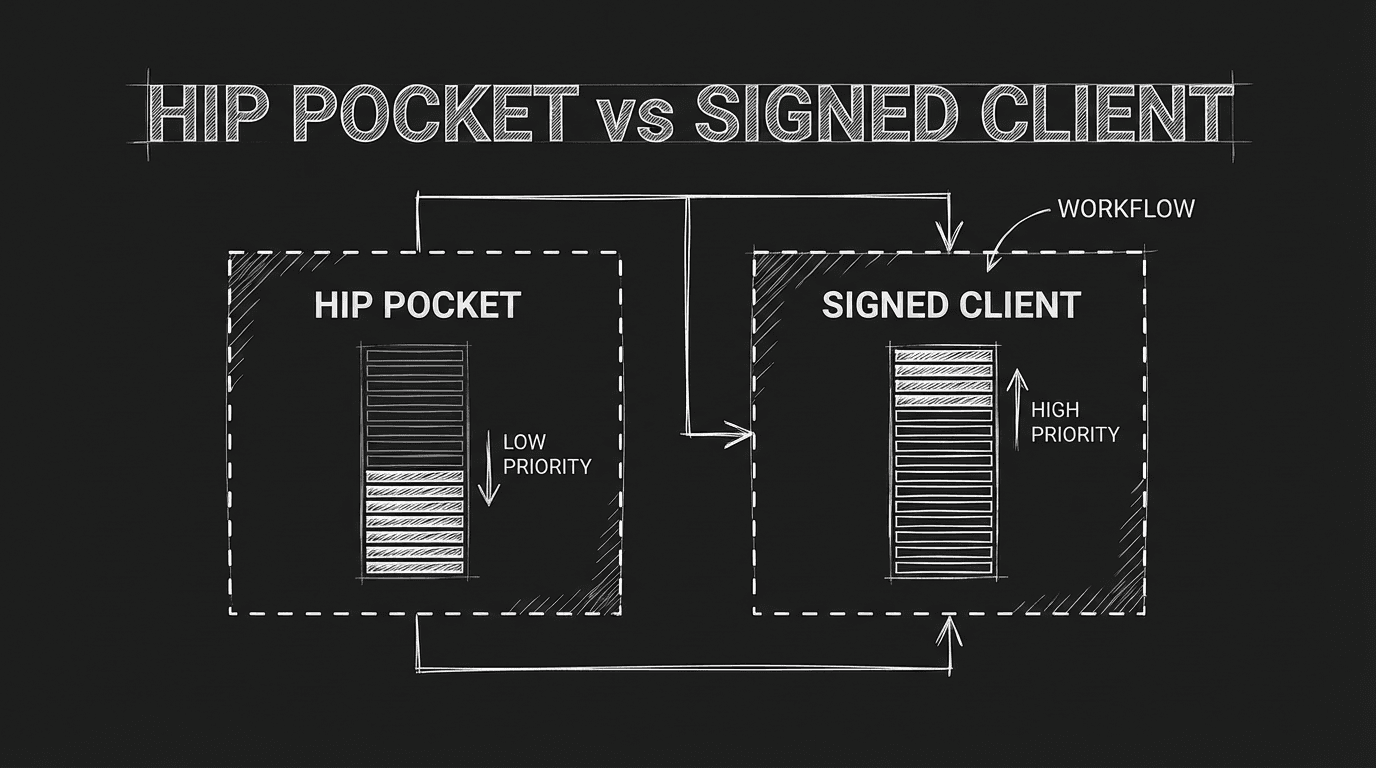 Hip pocket vs signed client: comparison; dark mode technical sketch