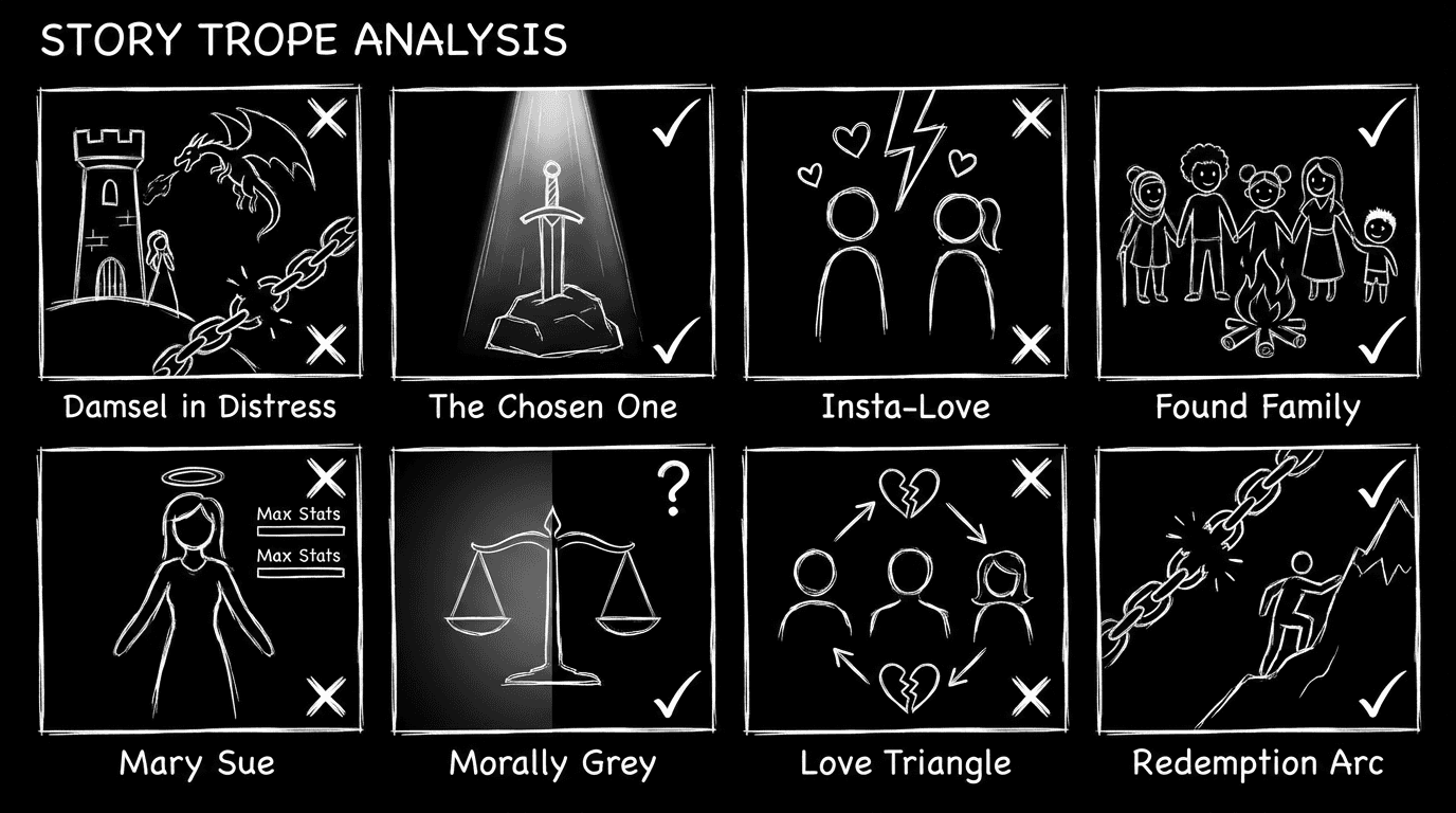 Grid of eight trope icons with X and checkmark; dark mode technical sketch