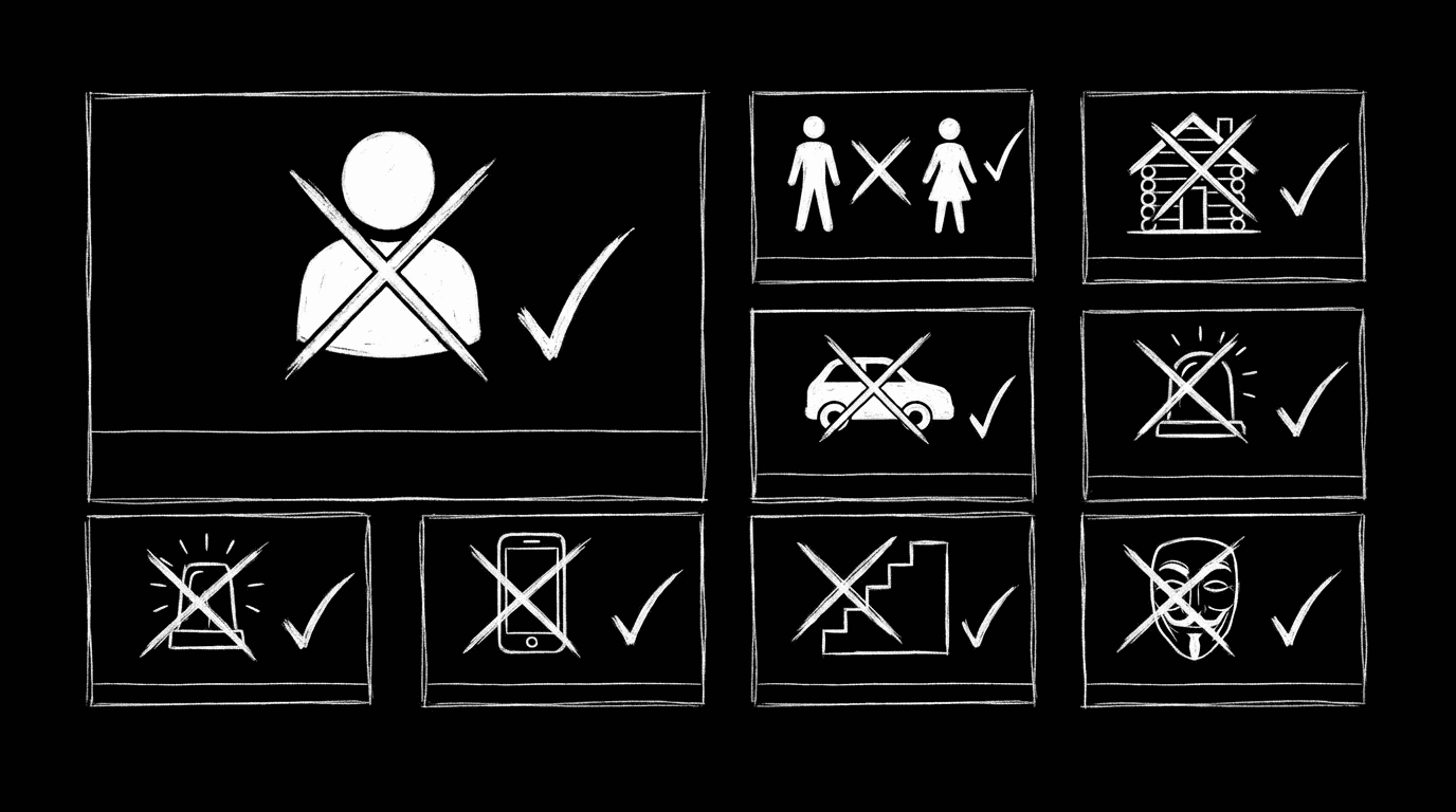 Eight horror tropes: classic vs subverted; dark mode technical sketch