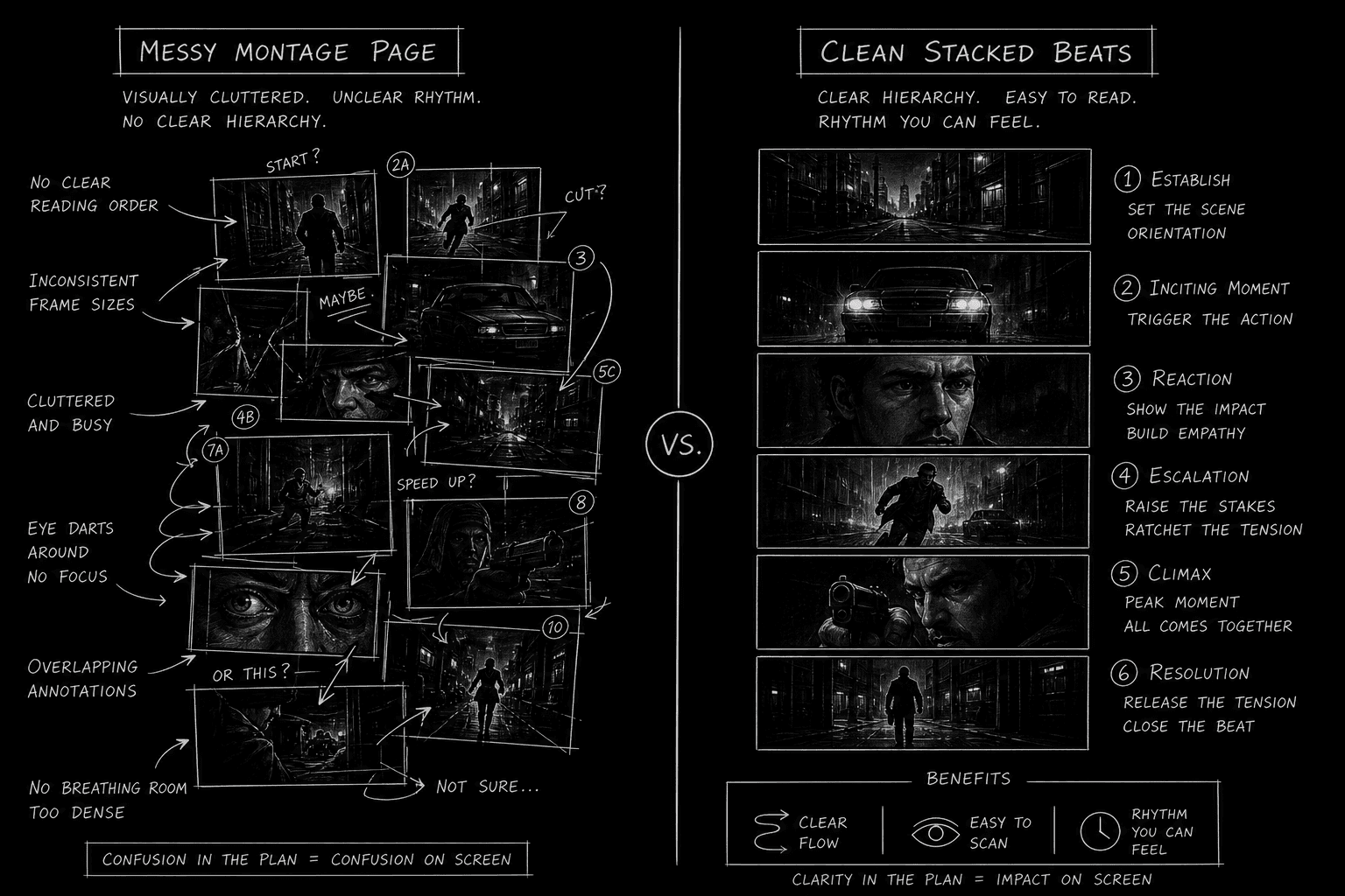 Before and after montage format comparison, cluttered vs clean blocks; dark mode technical sketch