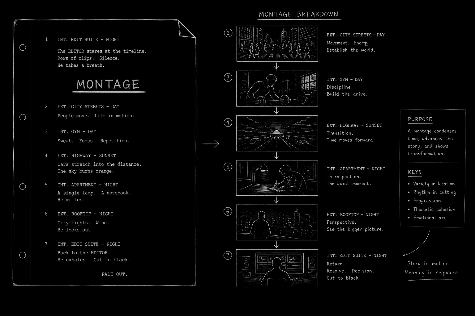 Montage screenplay format: stacked scene beats on a script page; dark mode technical sketch, black background, thin white lines