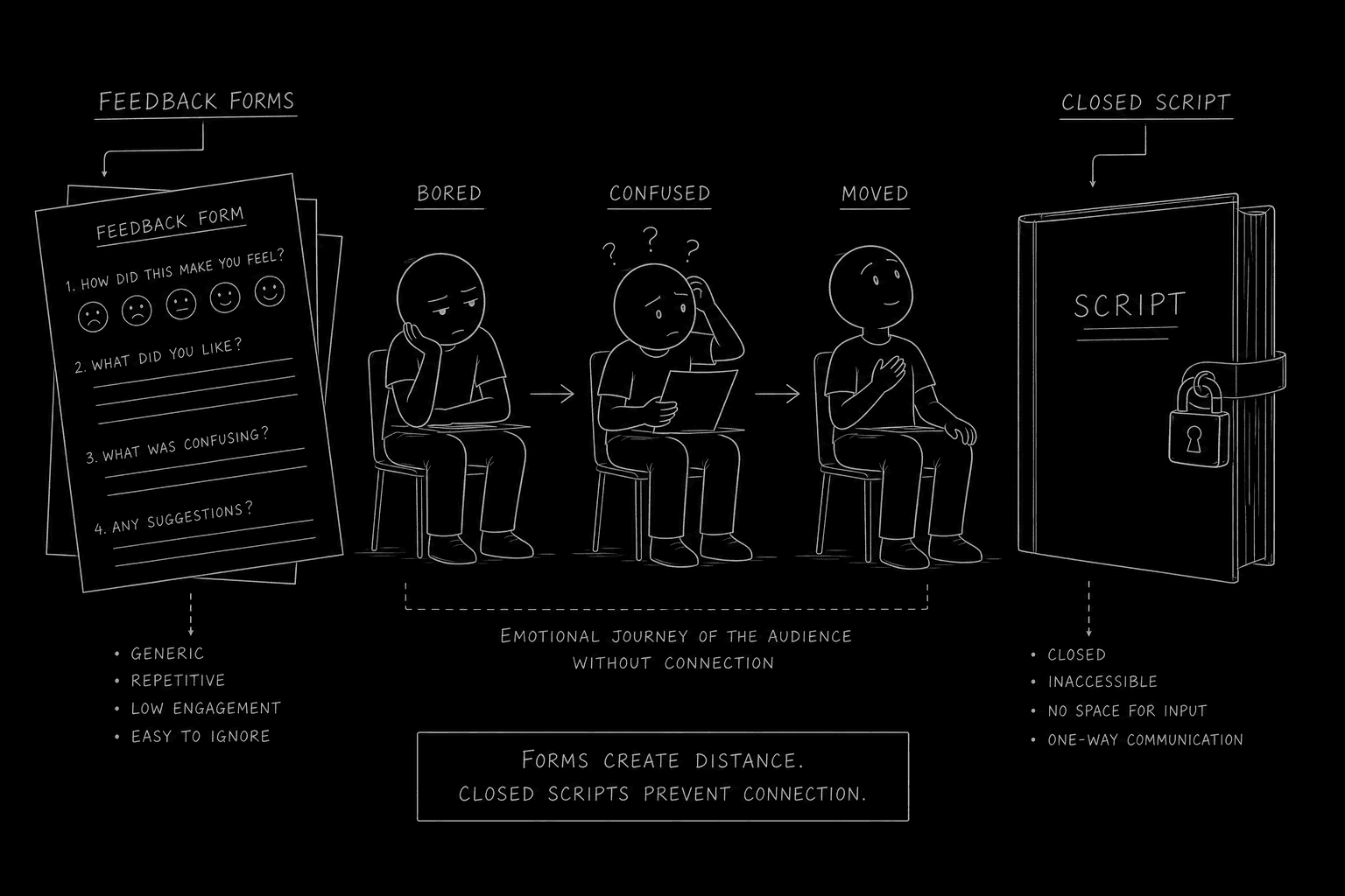 Dark mode technical sketch: stack of feedback forms with three headings bored confused moved beside closed script, thin white lines on black