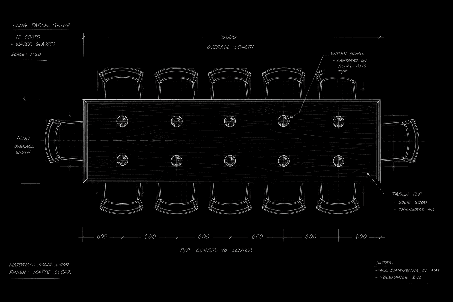 Dark mode technical sketch: long table with scripts and water glasses viewed from above, thin white lines on solid black
