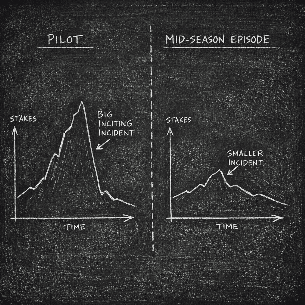 Pilot vs mid-season: inciting incident in different positions; dark mode technical sketch