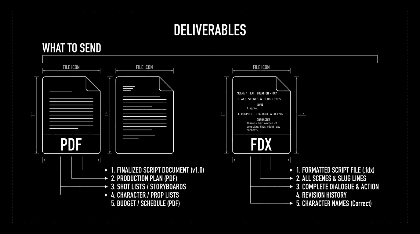 Dark mode technical sketch: PDF and FDX file icons; "what to send"; thin white lines on black