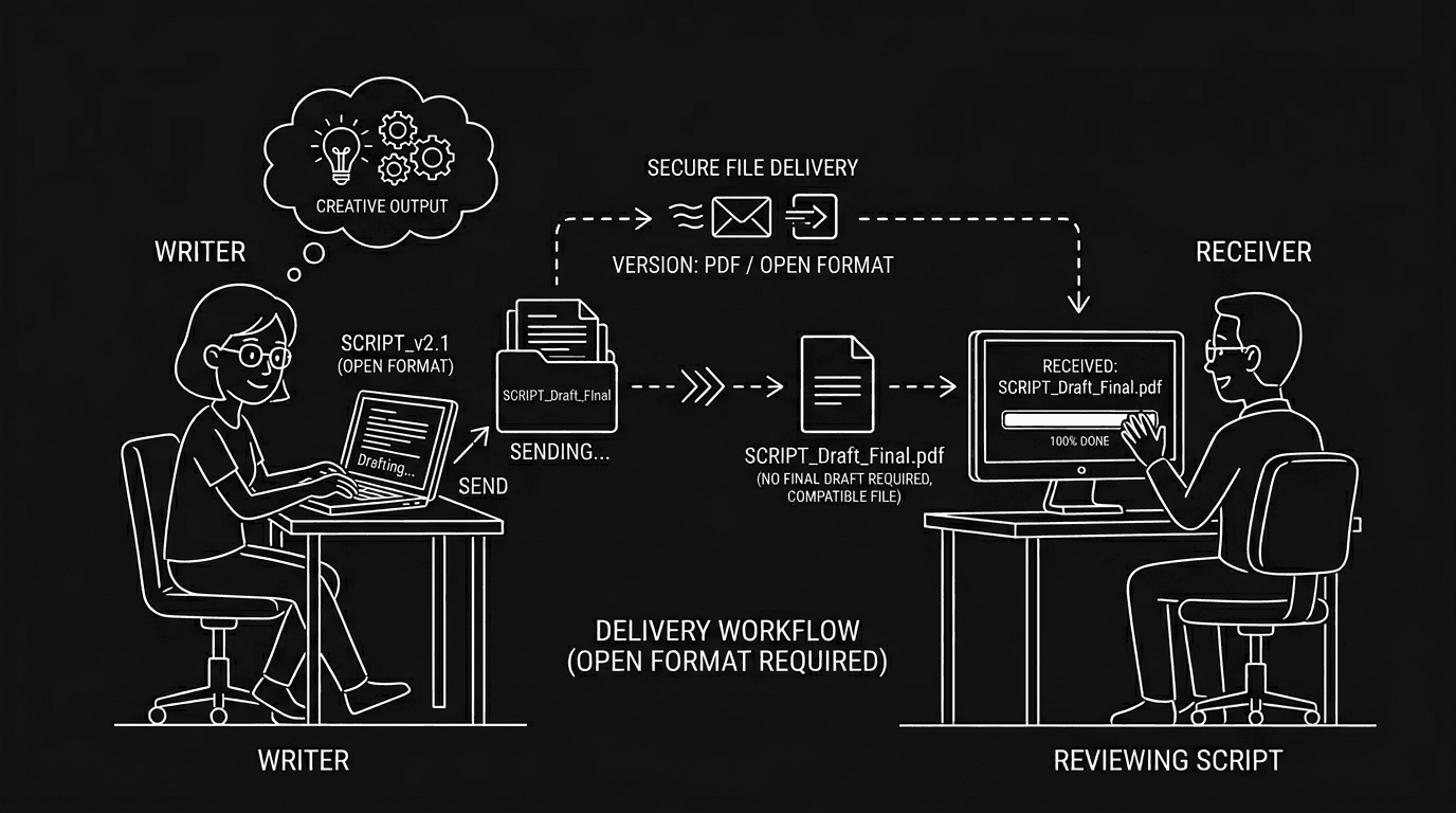 Dark mode technical sketch: writer sending script file; "no Final Draft required"; thin white lines on black