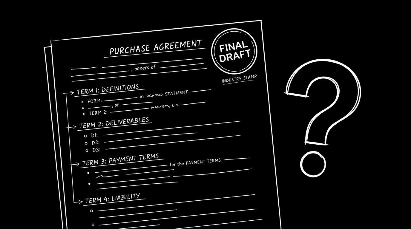 Dark mode technical sketch: contract or check with "Final Draft" stamp; question mark; thin white lines on black