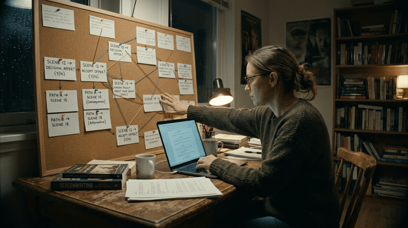 Cinematic workflow still, first angle, 35mm film grain