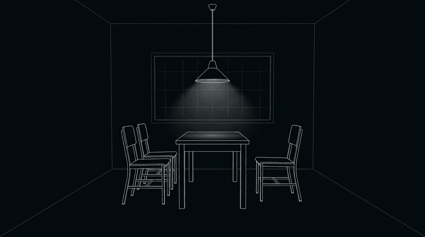 Overhead dark mode sketch of a cramped interrogation room, single table and three chairs under a harsh ceiling light, thin white lines on black