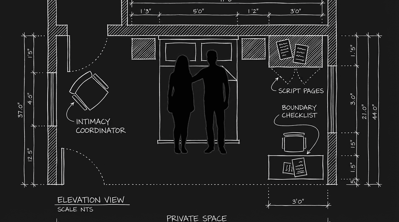 Dark mode technical sketch: bedroom set with script and boundary checklist, intimacy coordinator chair, thin white lines on black
