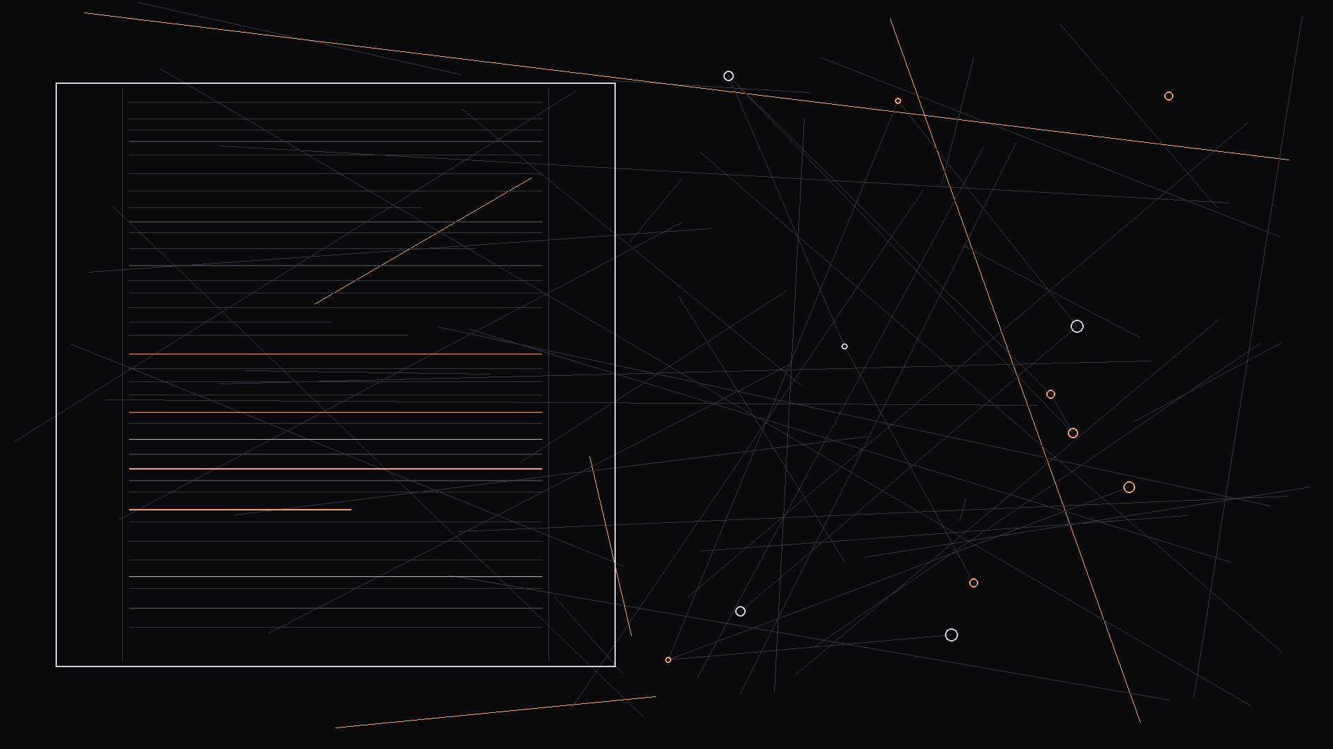 A script page showing character introduction with margin notes about actor appeal; dark mode technical sketch, thin white lines on black background
