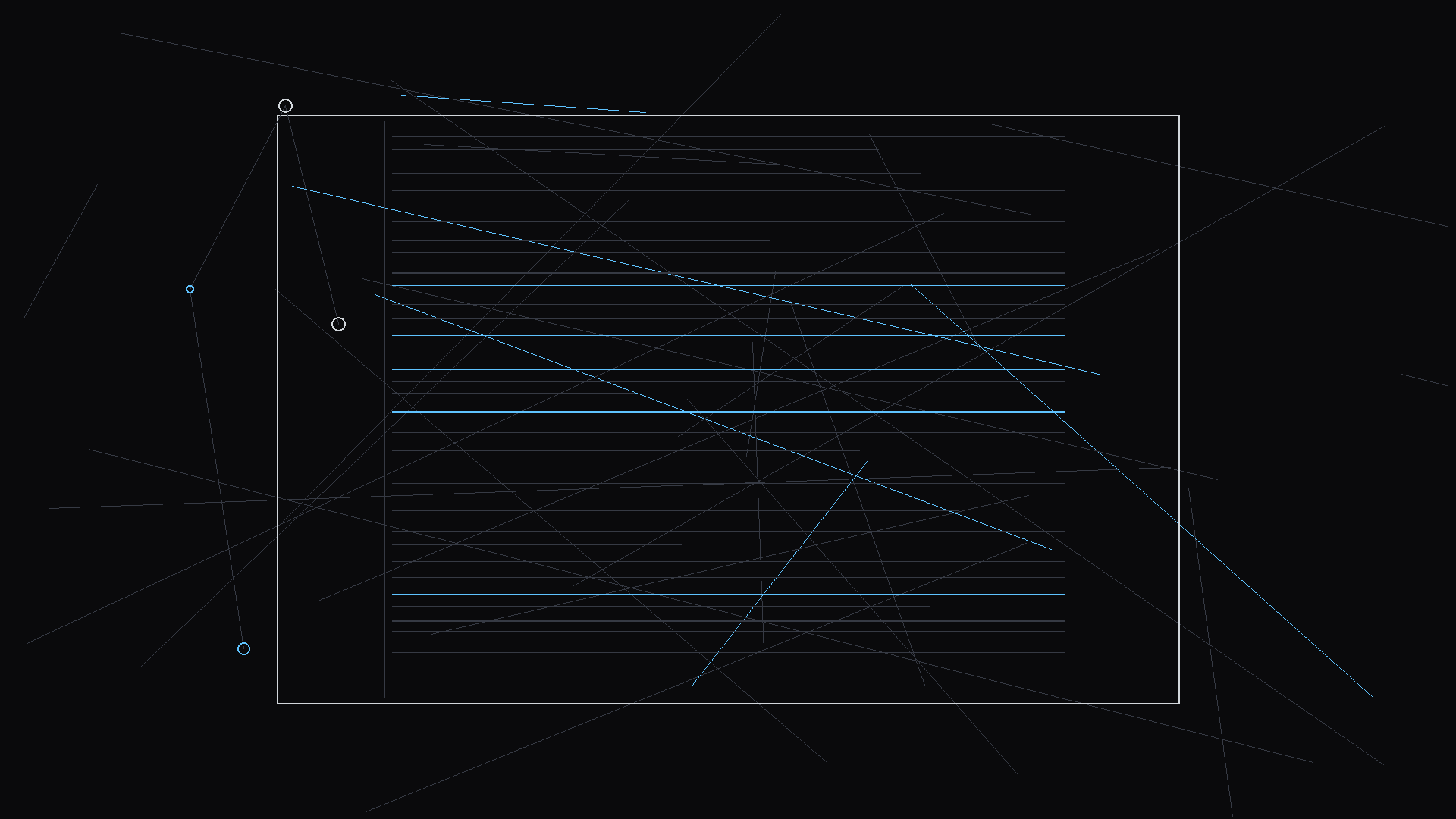 Dark mode technical sketch: character introduction in script with compelling description; thin white lines on black