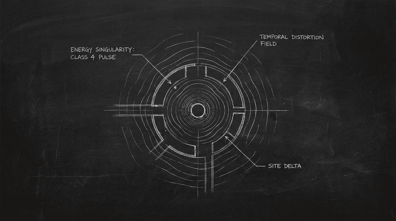 Single location with pulse or distortion; dark mode technical sketch