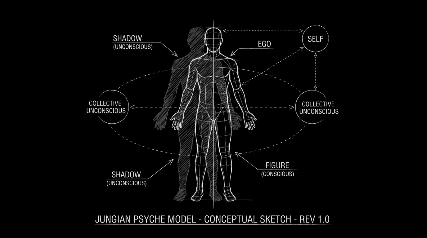 Hero and villain in parallel composition: same posture, opposite choices; dark mode technical sketch