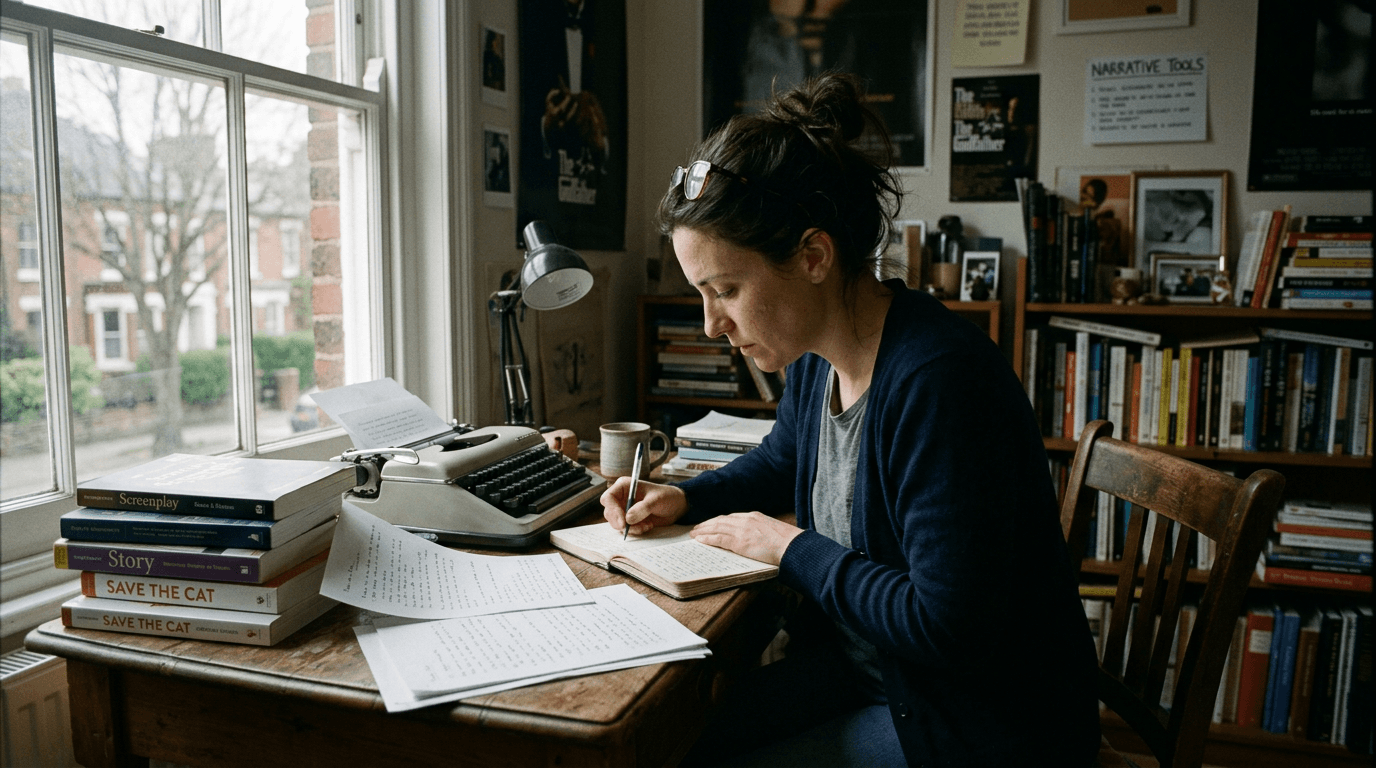 Cinematic workflow still, first angle, 35mm film grain