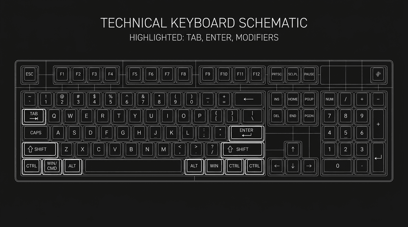 Dark mode technical sketch: keyboard with Tab, Enter and modifier keys highlighted; thin white lines on black