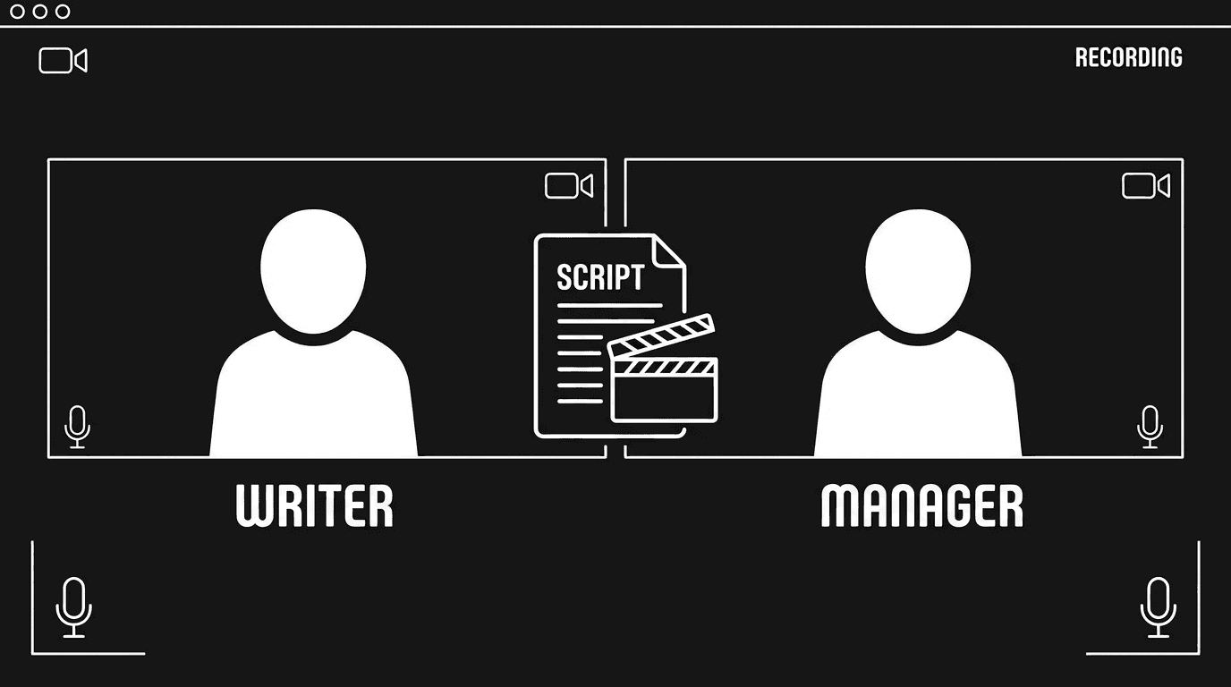 Meeting: writer and manager on Zoom; dark mode technical sketch