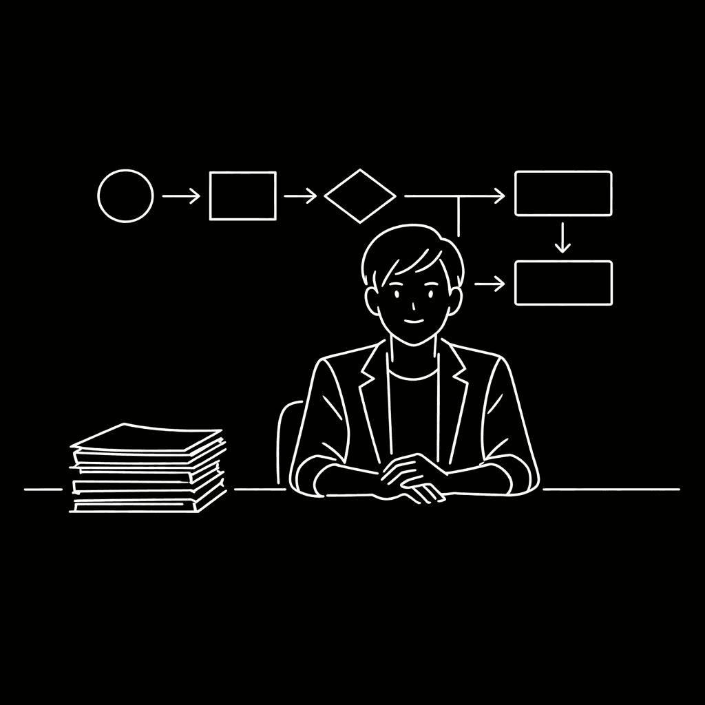 Target: young managers, clear pitch; dark mode technical sketch