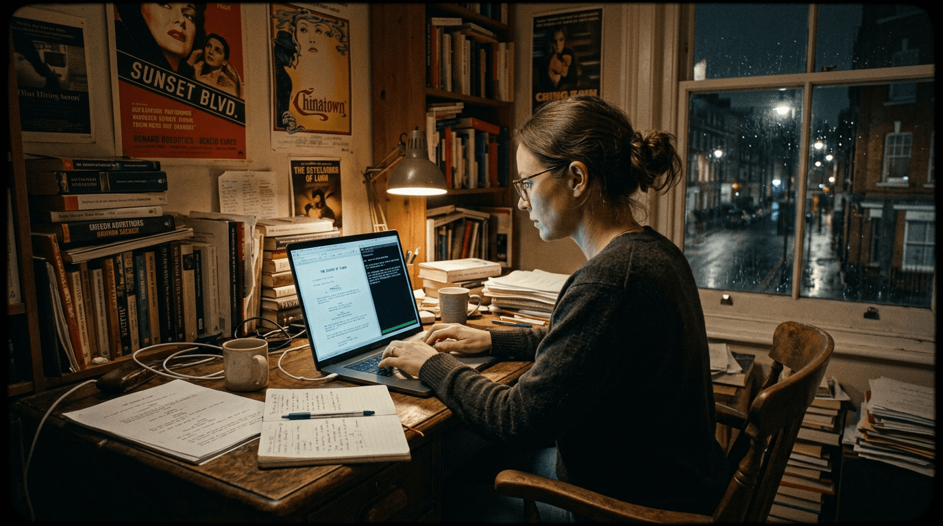 Cinematic workflow still, first angle, 35mm film grain