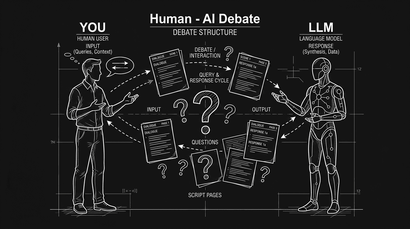 Dark mode technical sketch: writer and LLM as debate partners with script between them; thin white lines on black