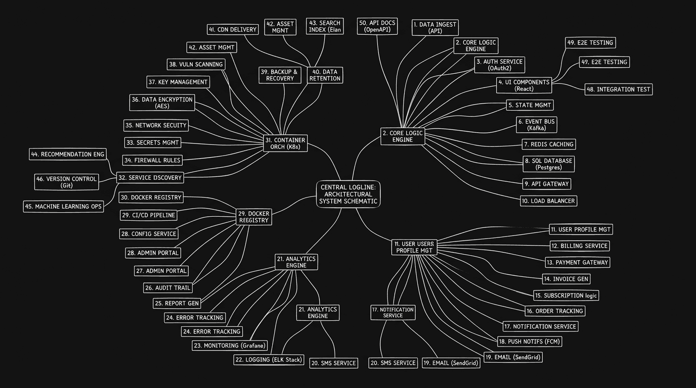 Dark mode technical sketch: one logline branching to 50 text nodes; thin white lines on black
