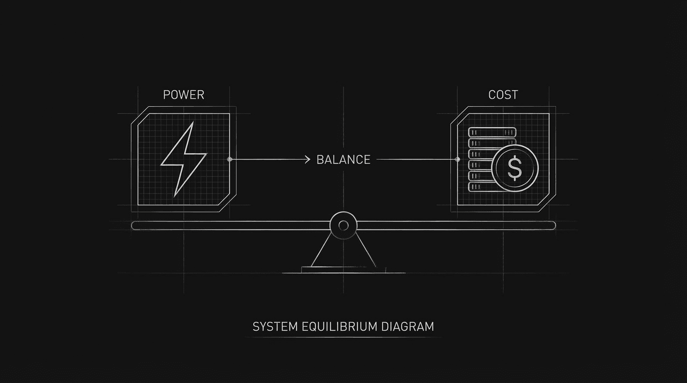 Power and cost in balance; dark mode technical sketch