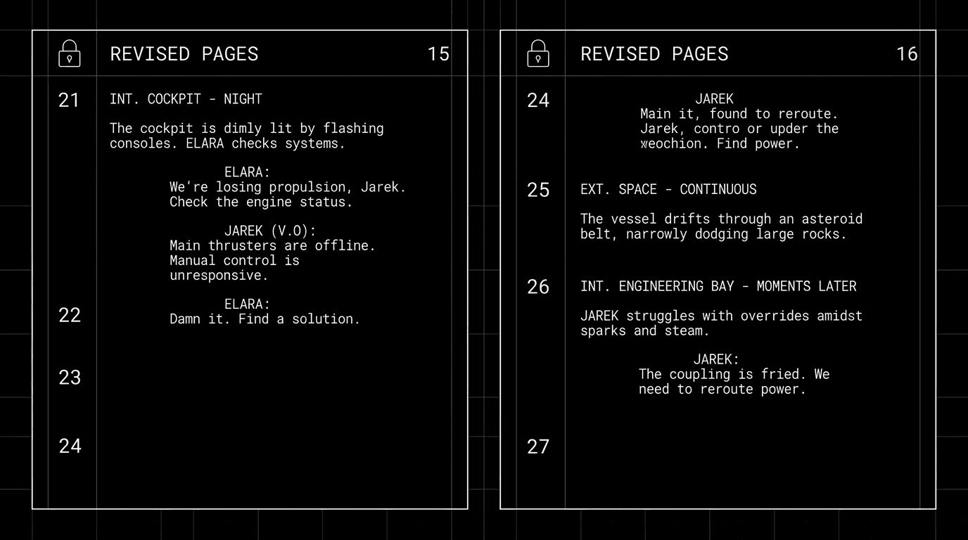 Dark mode technical sketch: script pages with scene numbers and lock icon; thin white lines on black