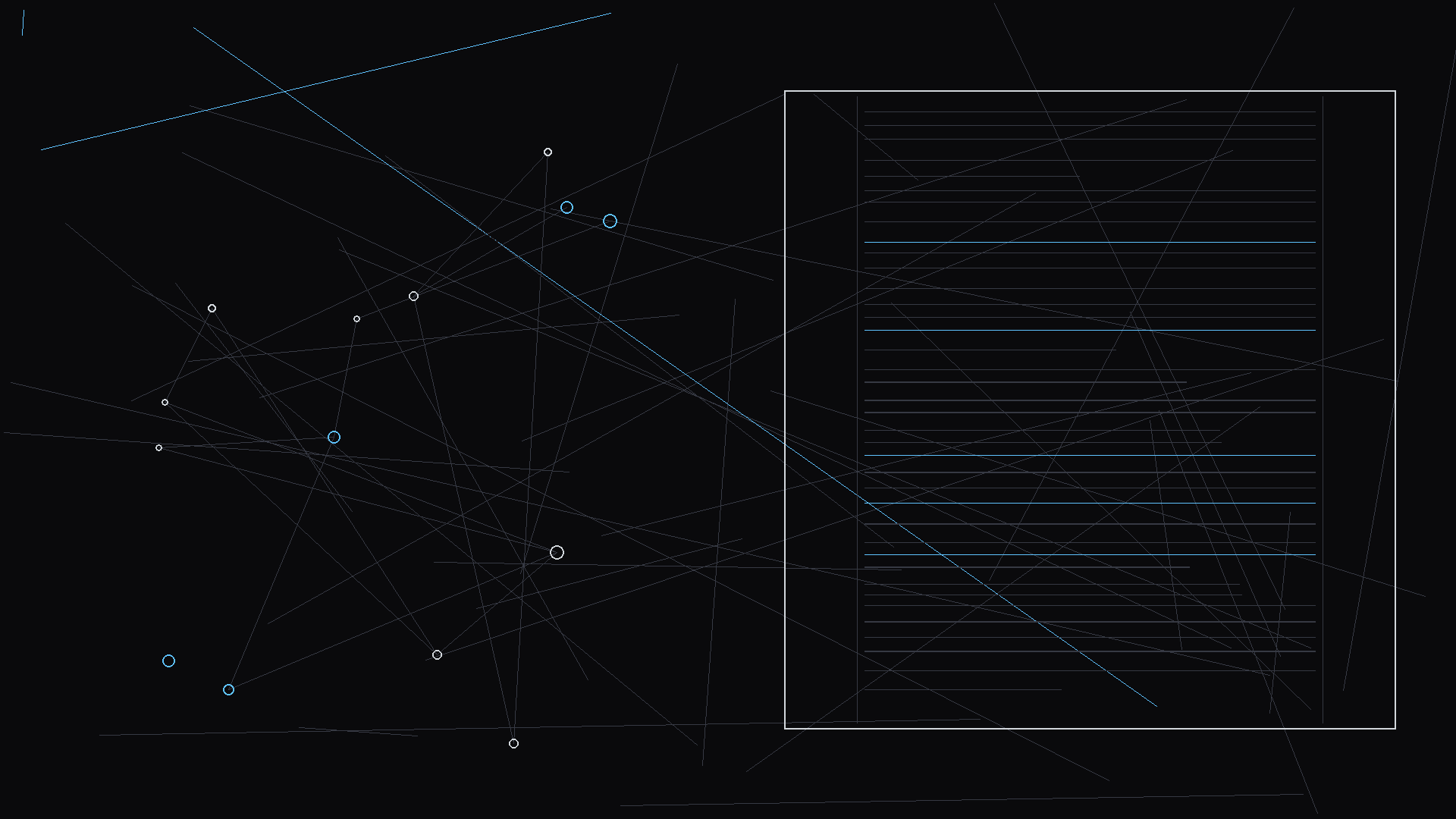 A script excerpt showing an audio match cut between scenes; dark mode technical sketch, thin white lines on black background