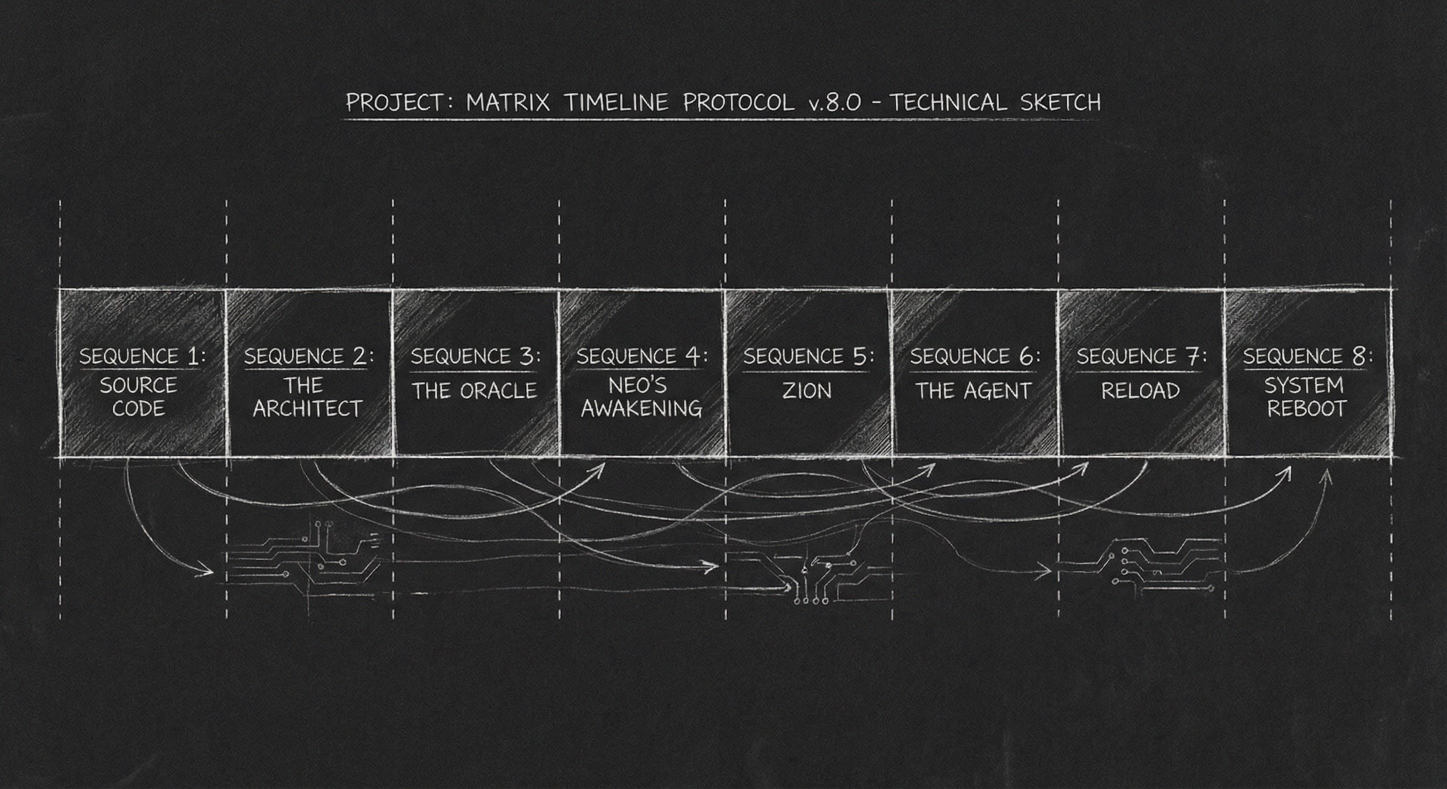 The Matrix: eight sequences on a timeline; dark mode technical sketch