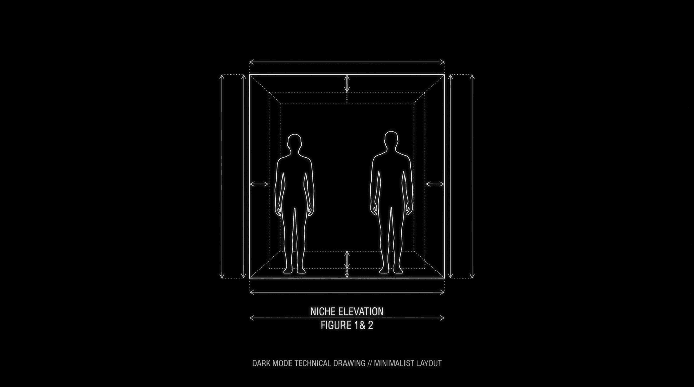 Two figures in a niche space; dark mode technical sketch