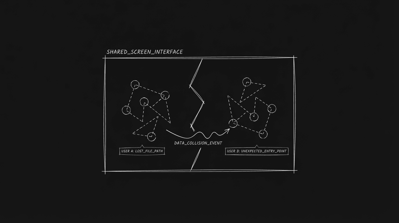 Two figures meet in an unexpected context; dark mode technical sketch