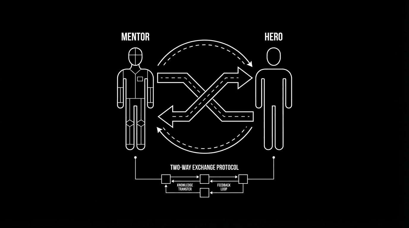 Mentor and hero: two-way exchange; dark mode technical sketch