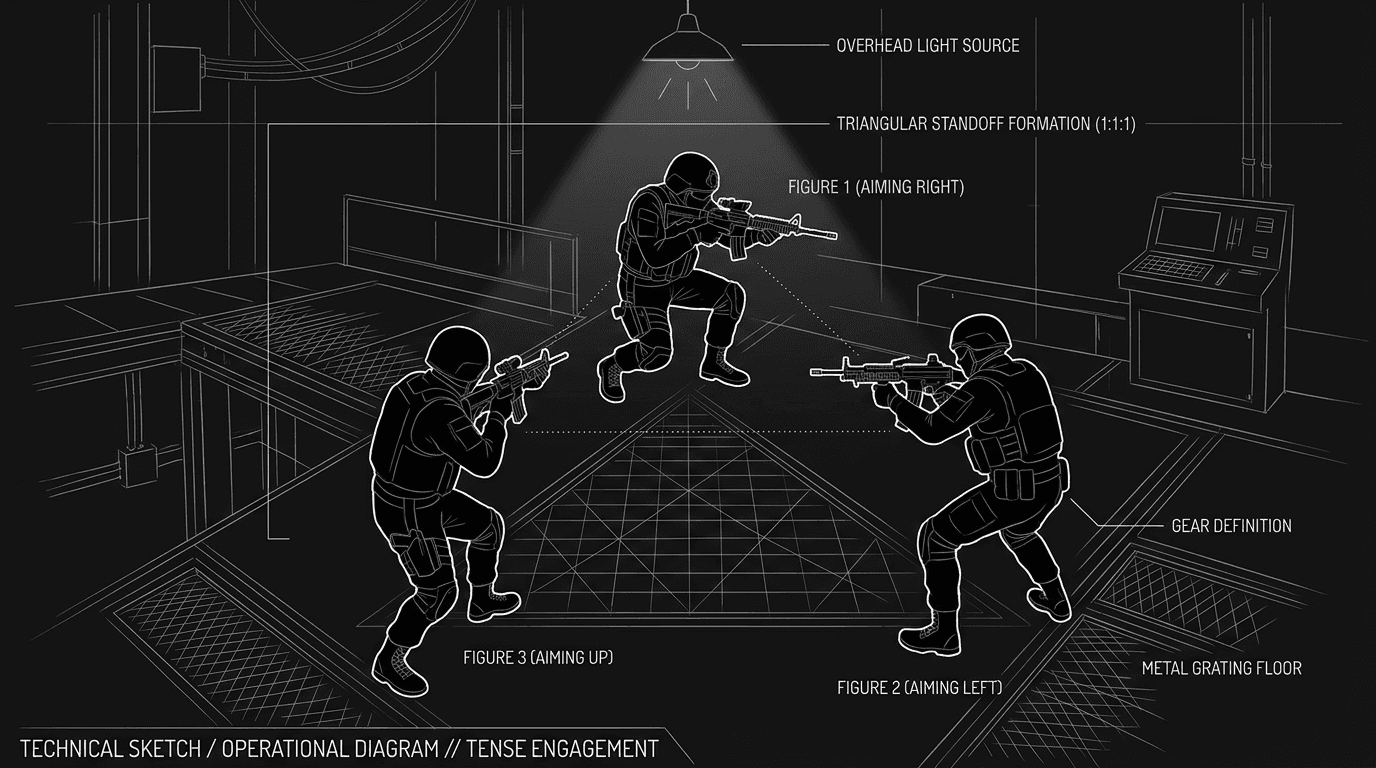 Dark mode technical sketch of three figures in a triangular standoff, each aiming a gun at another under a single harsh overhead light, thin white lines on black