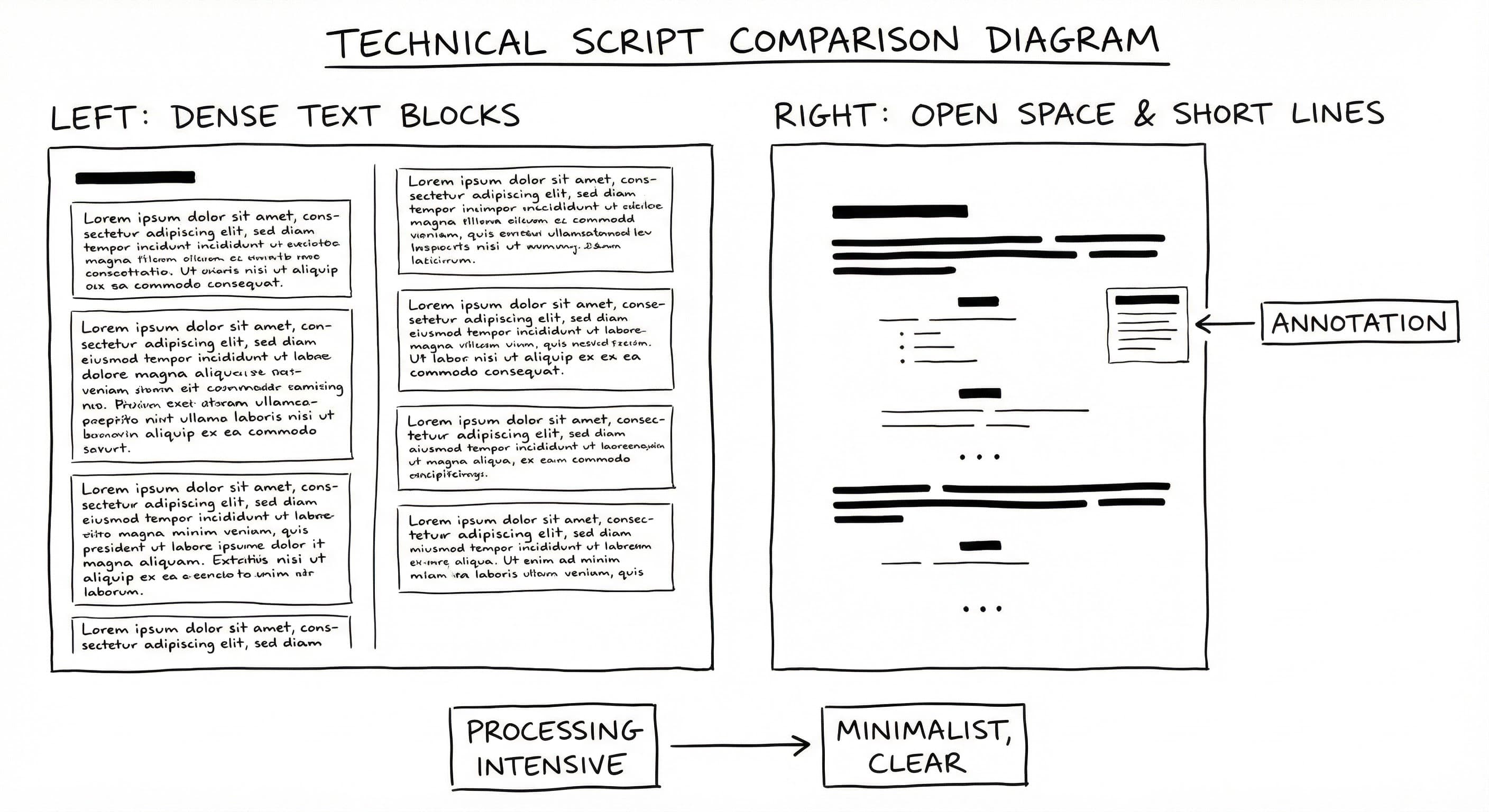 Micro-pacing: script page with dense blocks vs open white space; dark mode technical sketch