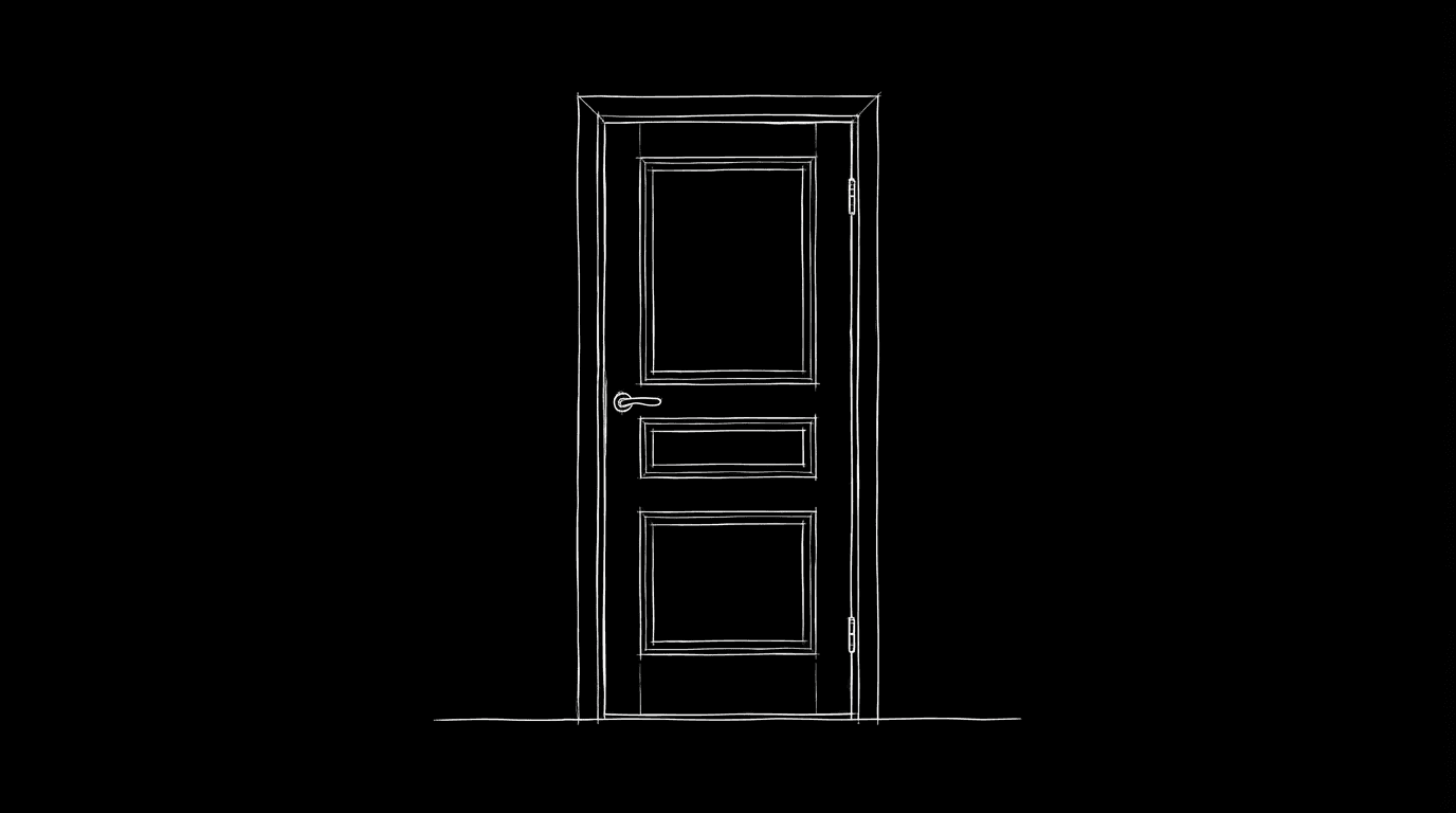 Closed door, suggestion of something beyond; dark mode technical sketch