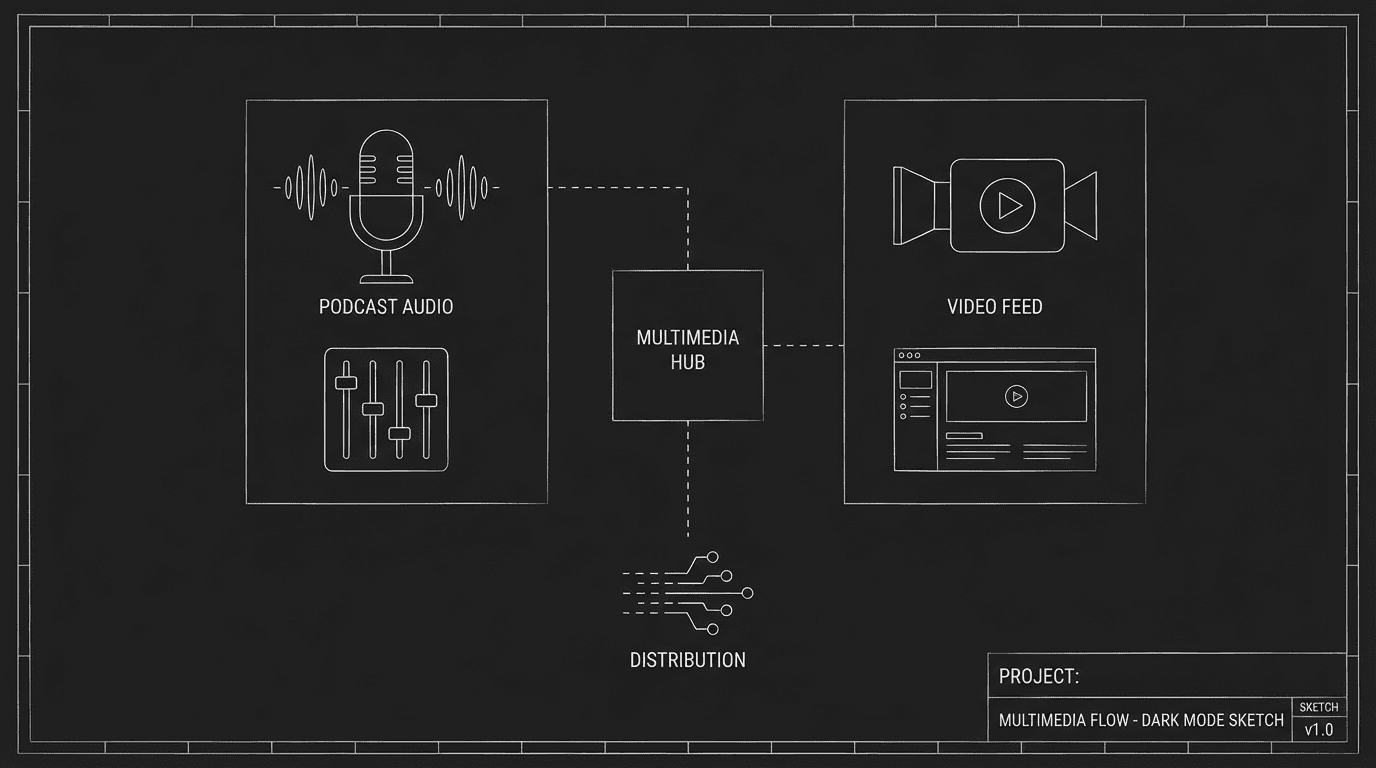 Script block: PODCAST / NEWS with dialogue; dark mode technical sketch
