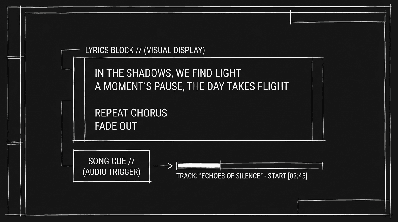 Lyrics block and song cue on script page; dark mode technical sketch