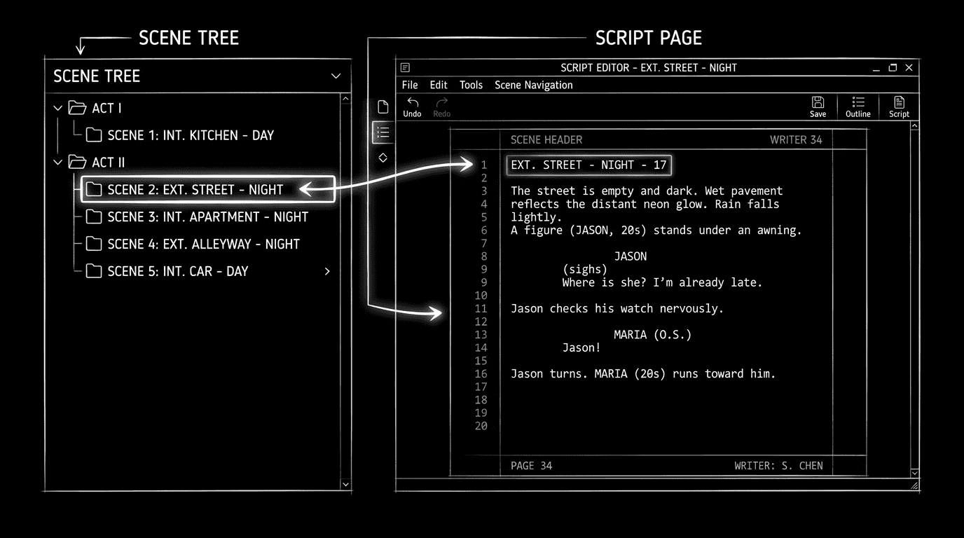 Dark mode technical sketch: vertical scene list and script page; thin white lines on black
