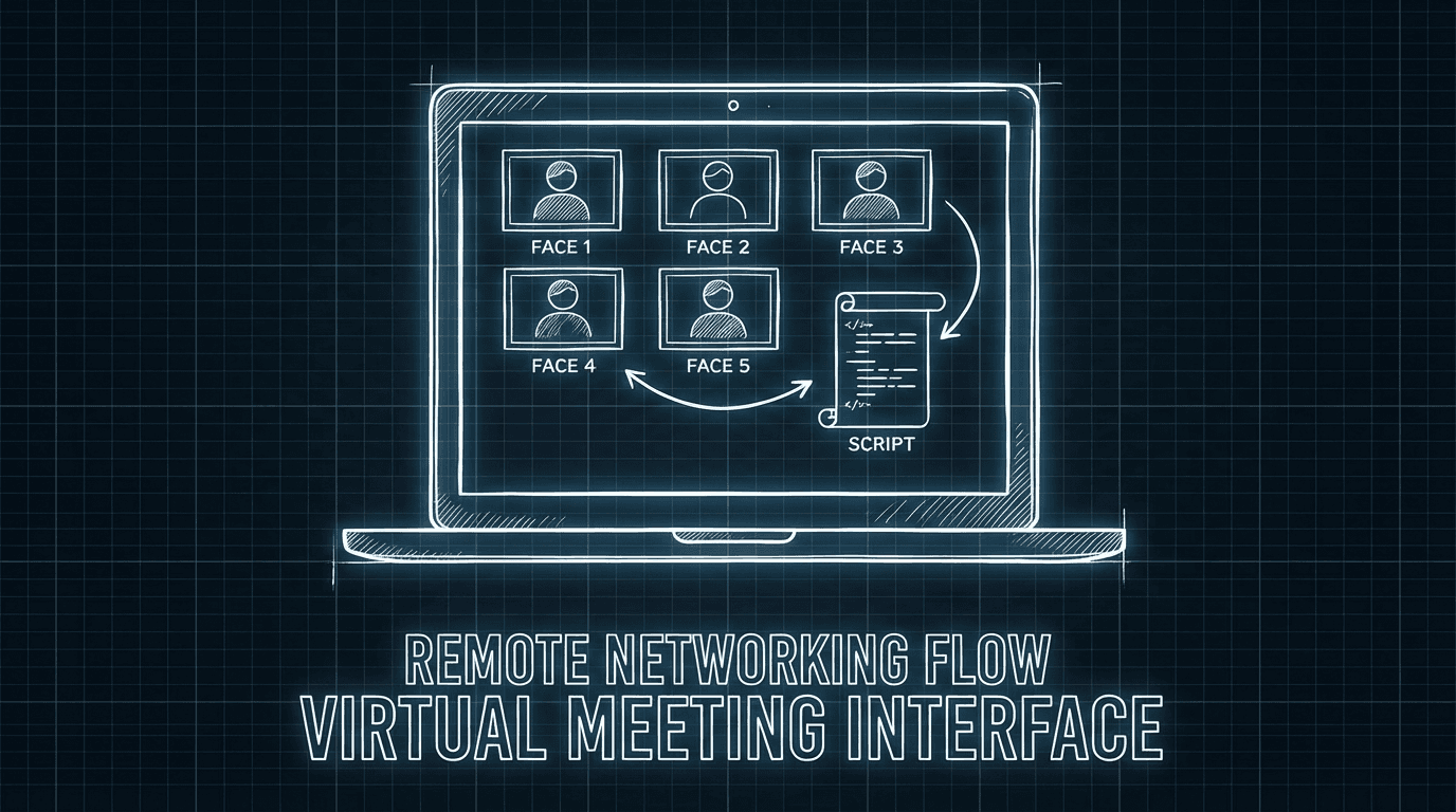 Laptop with Zoom call and script; dark mode technical sketch