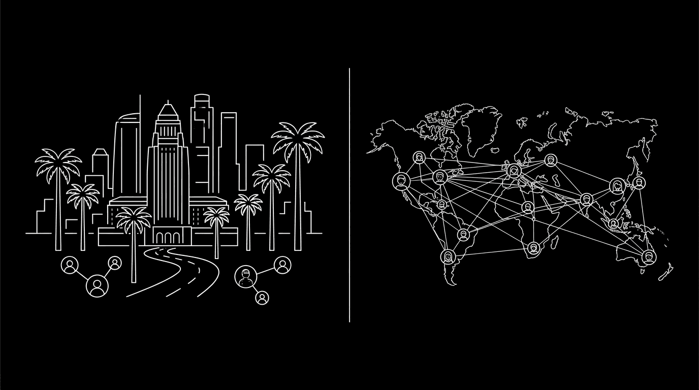 Map: LA pin vs globe with remote dots; dark mode technical sketch, black background, thin white lines